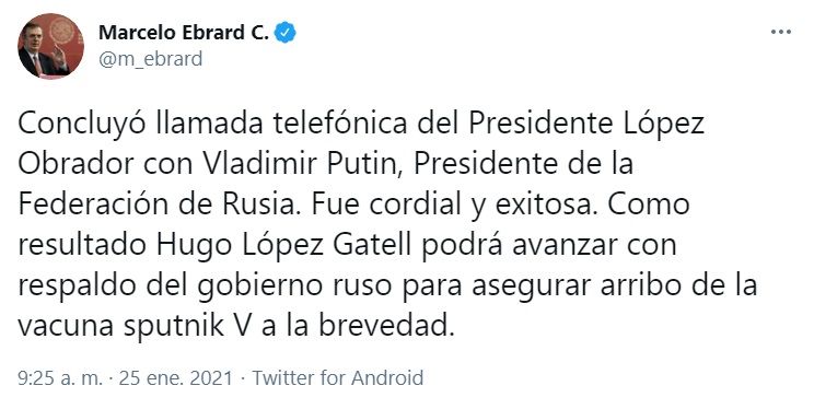 AMLO acuerda con Putin llegada de vacuna Sputnik V a México