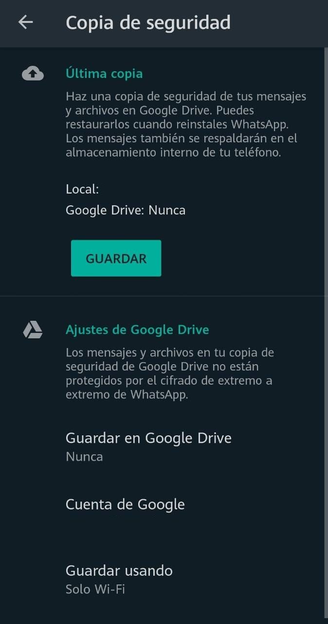 Desactiva las copias de seguridad de WhatsApp