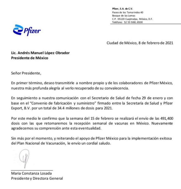 ¿Qué dice la carta de Pfizer a AMLO?