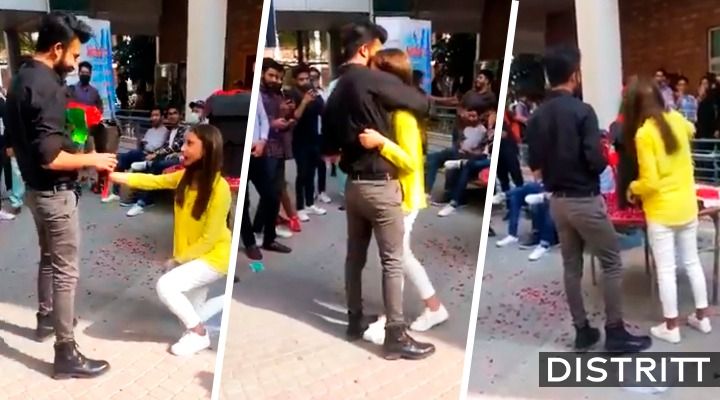 Mujer pide matrimonio a novio en universidad; los expulsan