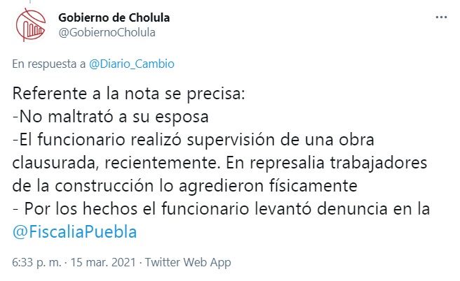 Gobierno de Cholula desmiente la versión