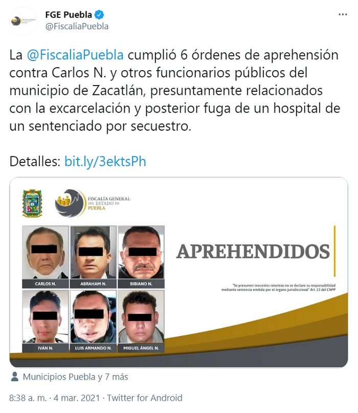 Detienen a funcionarios por fuga de reo en Zacatlán