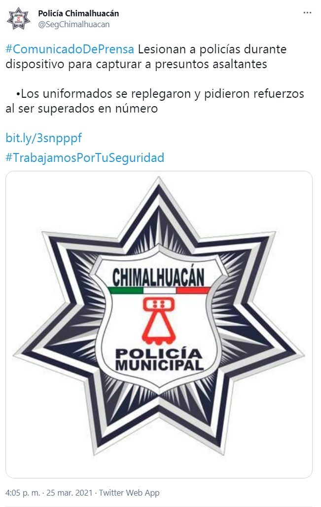 Policías de Edomex fueron agredidos por perseguir delincuentes