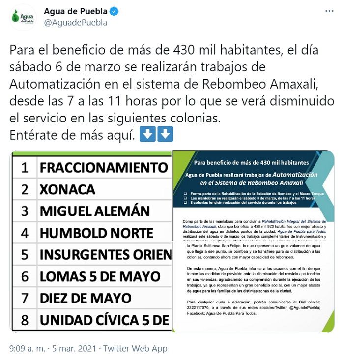 ¿Qué colonias de Puebla tendrán reducción de agua potable?