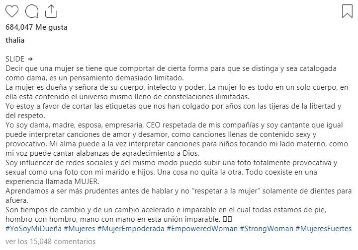 Thalía envía mensaje de empoderamiento femenino