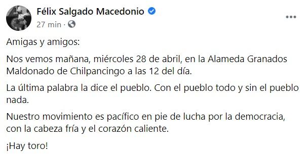 Salgado Macedonio anuncia movilización