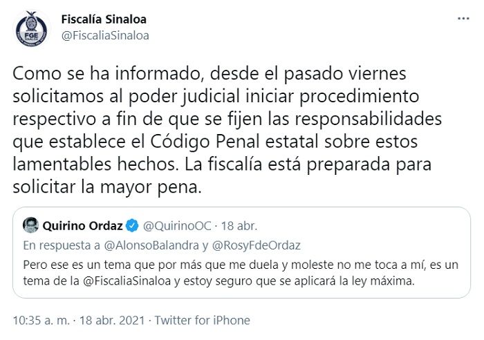 Gobernador de Sinaloa pide la pena máxima