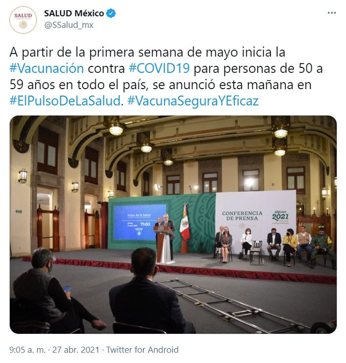 Vacunación para personas de 50 a 59 años inicia en mayo