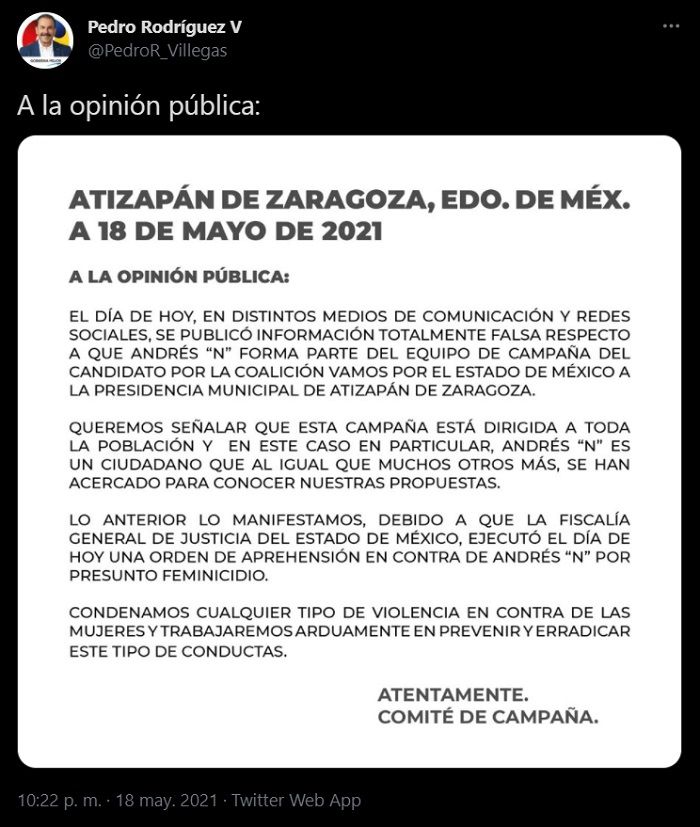 Pedro Villegas se deslinda de Andrés Mendoza