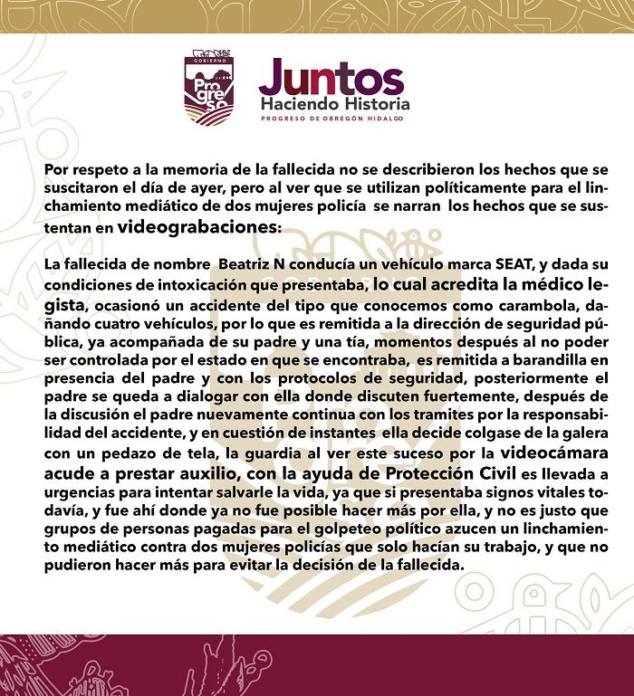 Ayuntamiento de Progreso de Obregón señala suicidio
