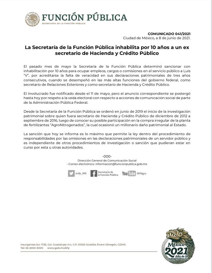  SFP inhabilita por 10 años a Luis Videgaray