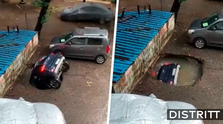 Captan momento en que se abre socavón y se traga un auto en India |VIDEO