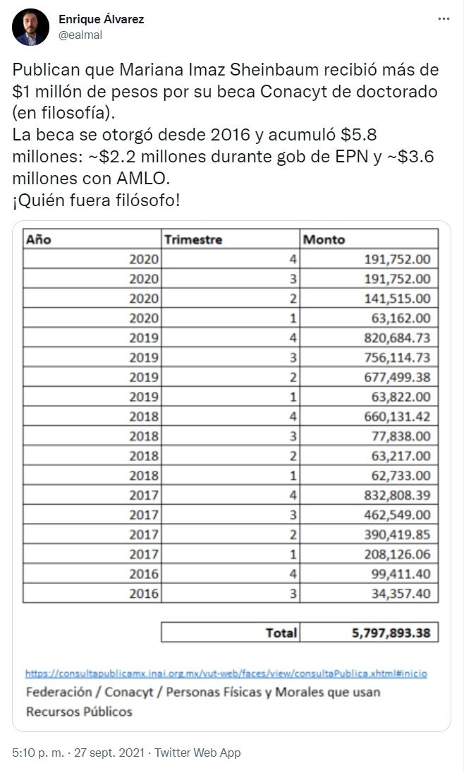 ¿Es excesiva la beca otorgada a Mariana Imaz Sheinbaum por el Conacyt?