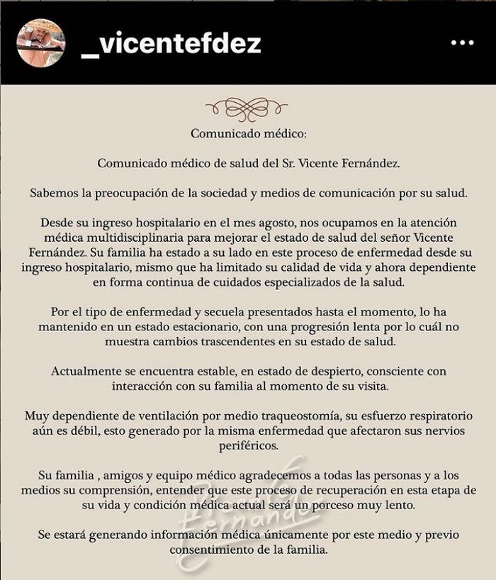 ¿Cómo se encuentra de salud Vicente Fernández?