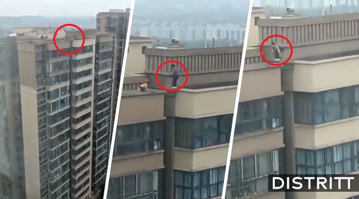 China. Niños saltan entre edificios de 15 pisos