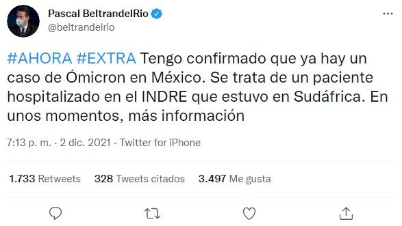 Periodista confirma caso de Ómicron en México