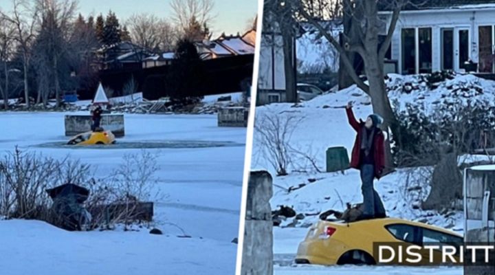 Mujer se toma selfie sobre auto en río congelado |VIDEO