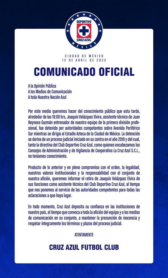 Joaquín Velázquez. Detienen a auxiliar técnico de Cruz Azul