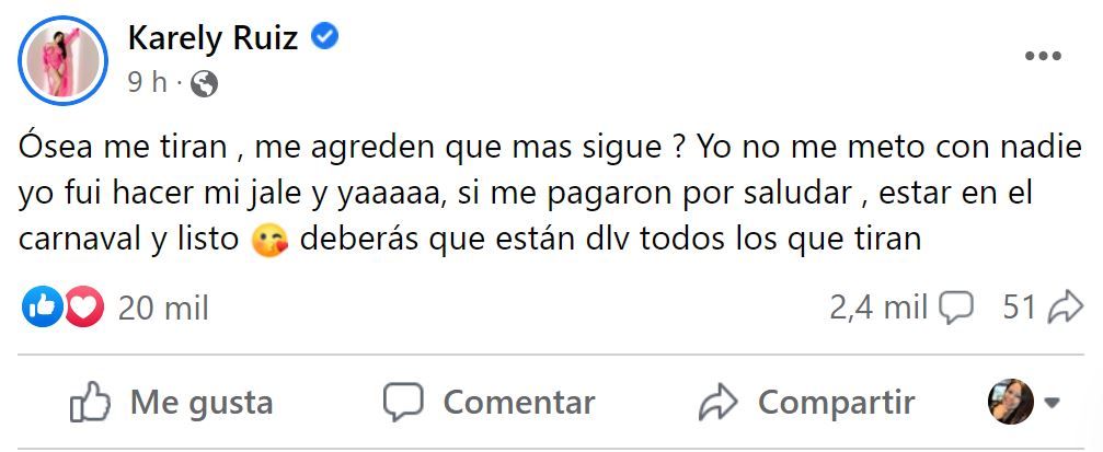 Karely Ruiz. Reacción tras huevazos en Carnaval de Guaymas