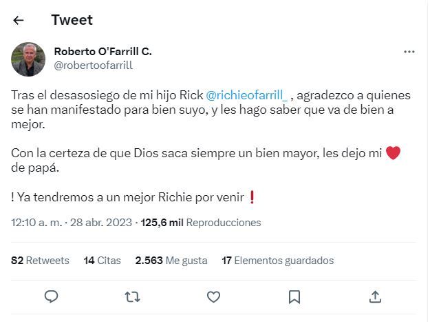 Papá de Ricardo O'Farrill envía emotivo mensaje