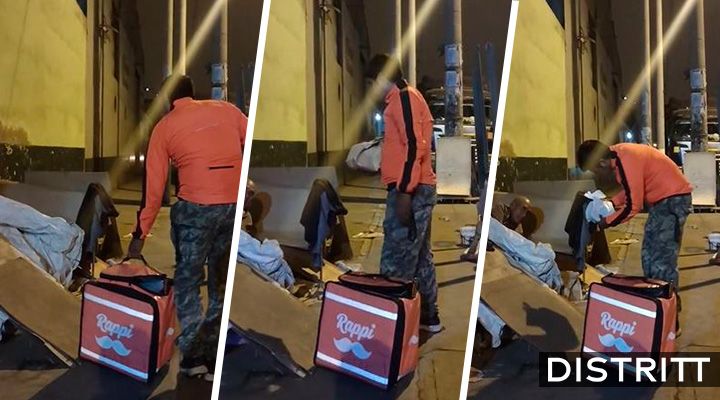 Repartidor regala comida a hombre en situación de calle