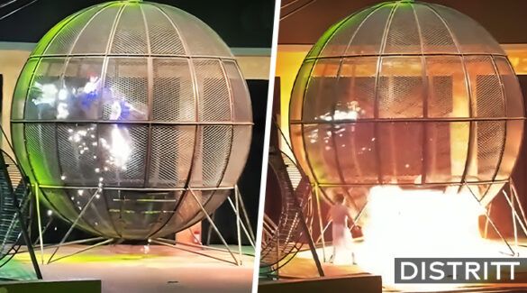 Motociclista envuelto en llamas dentro de esfera de la muerte