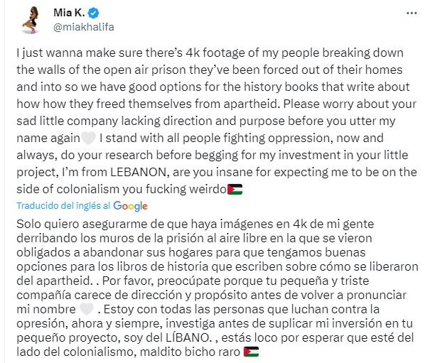 Mensaje de Mia Khalifa sobre guerra en Israel