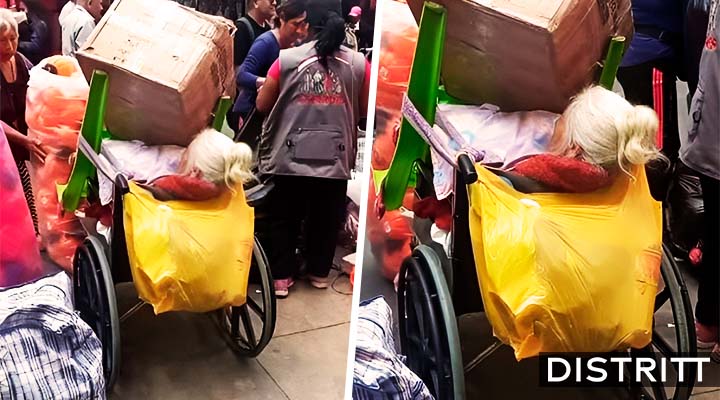 Usan a abuelita en silla de ruedas para cargar objetos