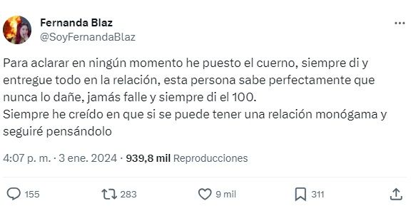 Mensaje de Fernanda Blaz sobre ruptura con Werevertumorro