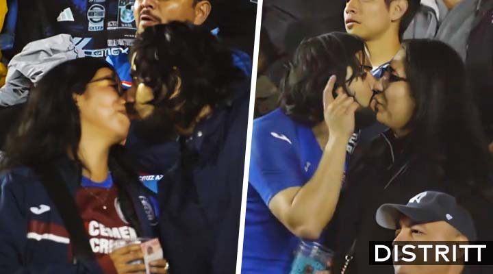 Aficionado de Cruz Azul besa a su novia ya su amiga en pleno partido