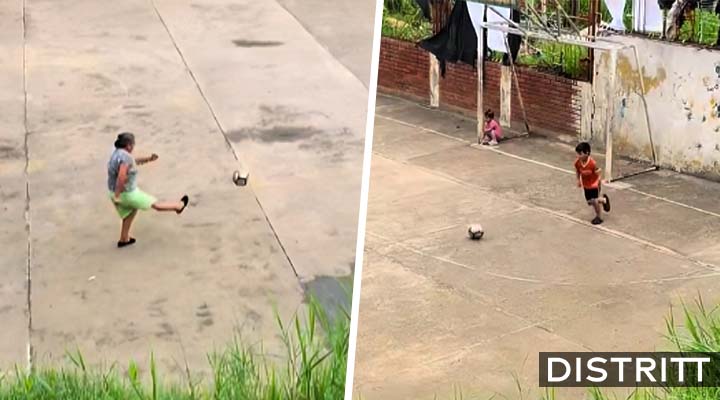 Captan a abuelita y nieto jugando futbol; video enternecedor