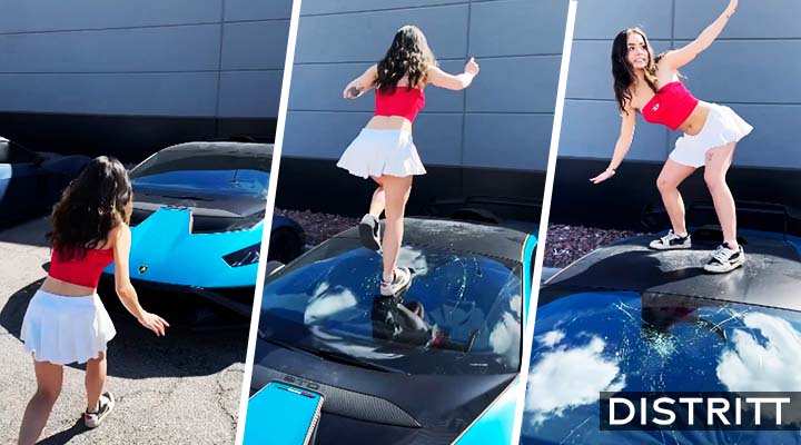 Influencer destroza parabrisas de Lamborghini en baile viral