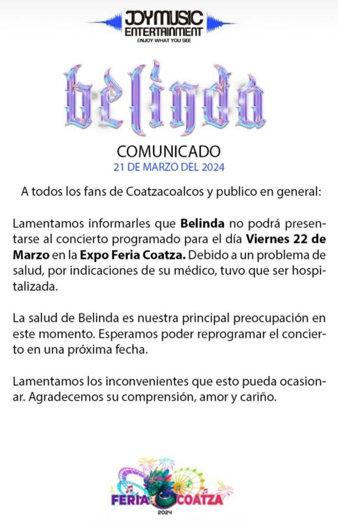 equipo Belinda emite comunicdo sobre cancelación de concierto