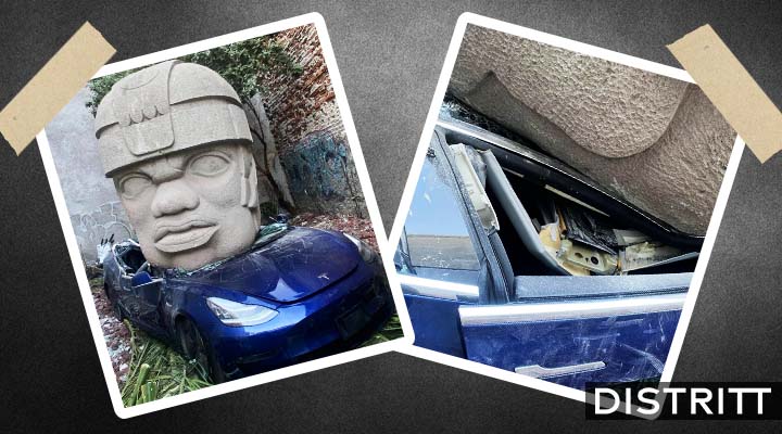 Tesla aplastado por cabeza Olmeca se hace viral