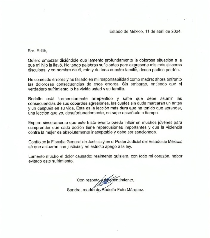 Carta de mamá de Fofo Márquez disculpándose 