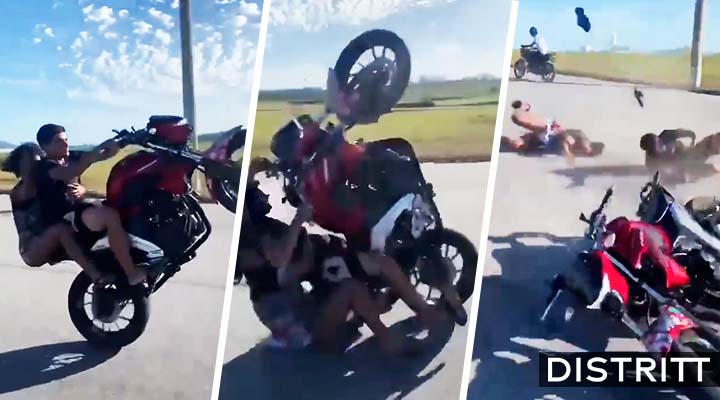 Hombre hace caballito en moto y novia sale volando