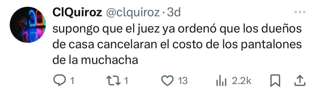 Usuarios reaccionan a mujer que se quedó sin pantalón 