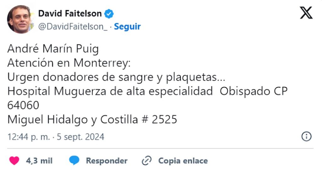 David Faitelson solicita donadores de sangre para André Marín