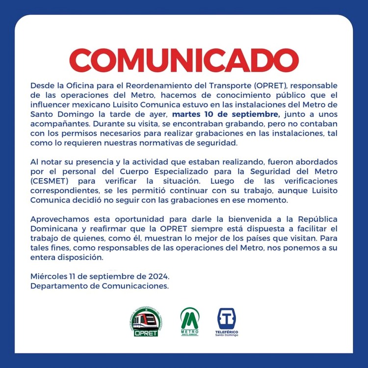 Metro de República Dominicana lanza comunicaod por Luisito Comunica