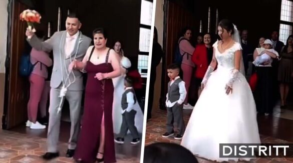 Novio sale de su boda del brazo de su mamá