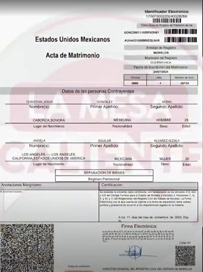 Acta de matrimonio de Christian Nodal y Ángela Aguilar