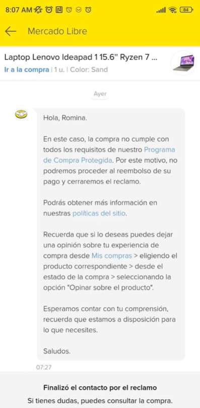 ¿Qué respondió Mercado Libre sobre laptop perdida?