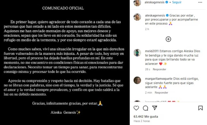 Aleska Génesis reacciona tras liberación