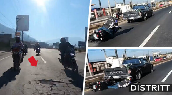 Motociclista derrapa y termina debajo de camioneta |VIDEO