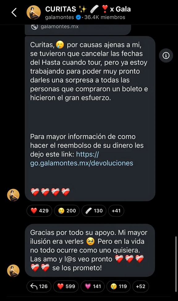 ¿Qué dijo Gala Montes sobre cancelación de conciertos?