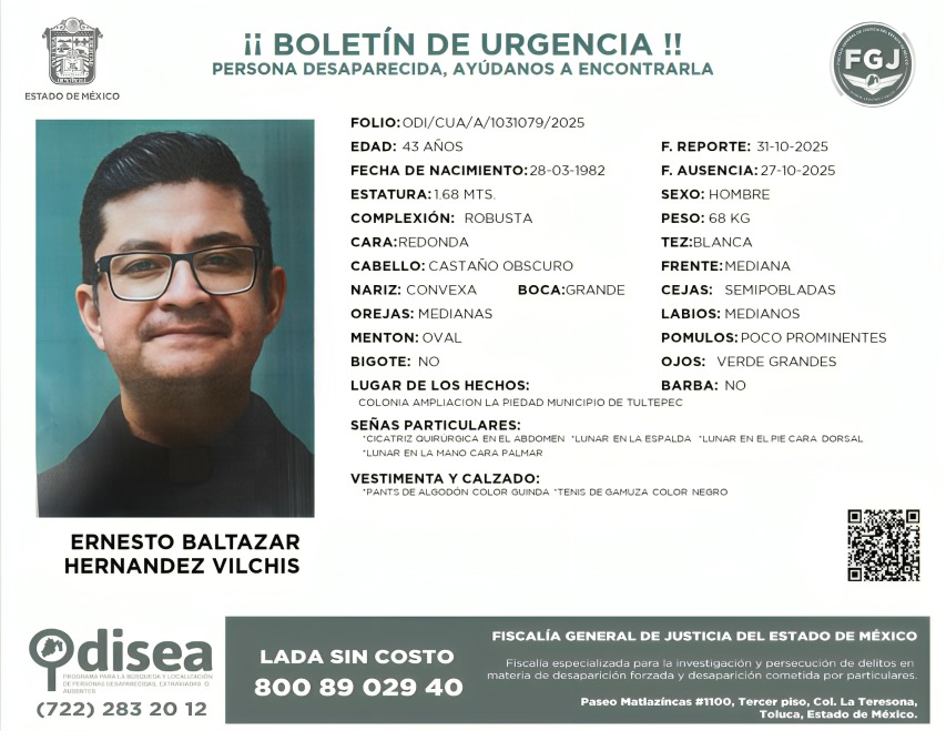 Denuncian desaparición de Ernesto Baltazar en Edomex