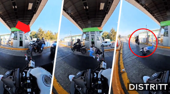 Motociclista se pasa caseta sin pagar y copiloto se cae |VIDEO