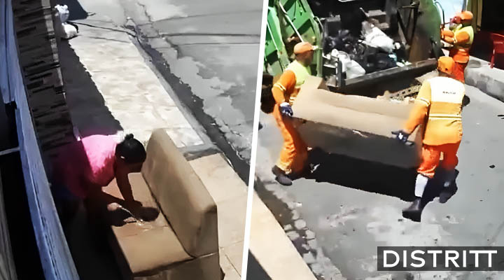 Mujer saca sillón tras lavarlo y la basura se lo lleva