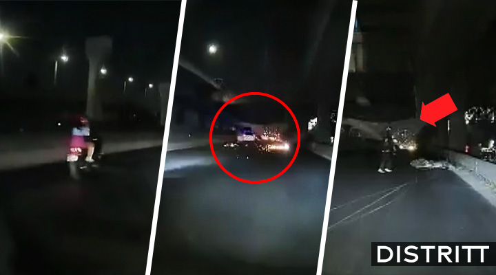 Pareja sale volando tras chocar; él se levanta para revisar su moto