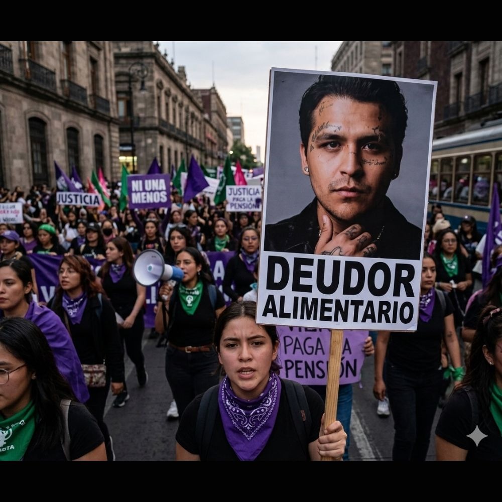 Manifestantes exhiben a Nodal en marcha del 8M